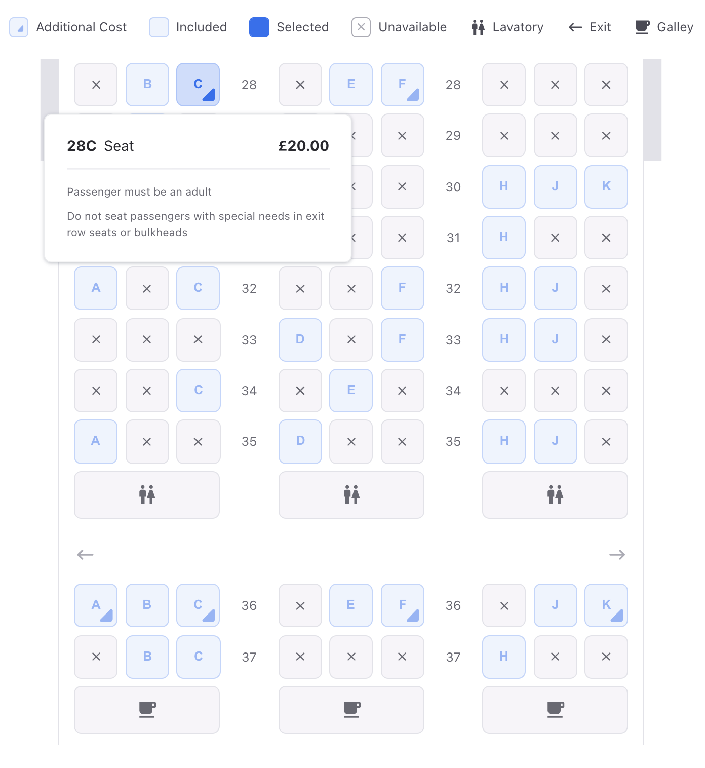 Example seat map in the Duffel booking tool