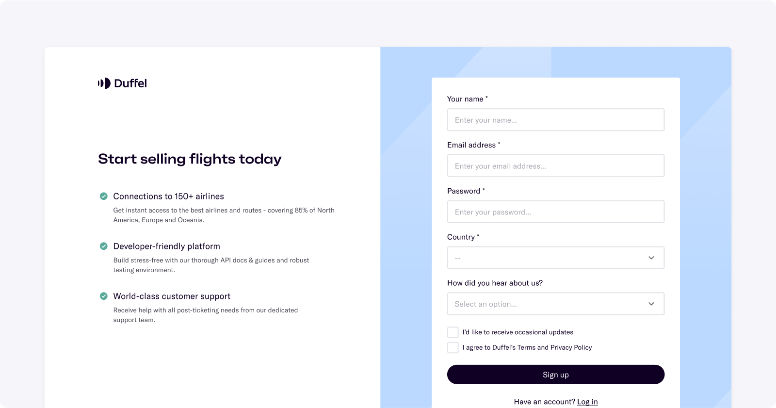 Partial screenshot of the Duffel dashboard sign up page