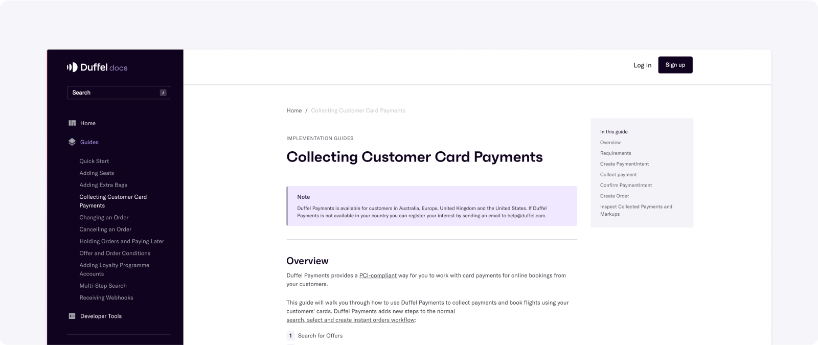 Partial screenshot of the Duffel documentation showing the "collecting customer card payments" guide