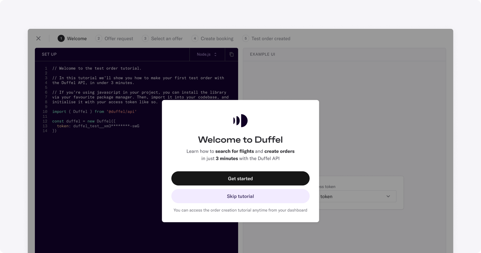 Partial screenshot of onboarding onto the Duffel dashboard