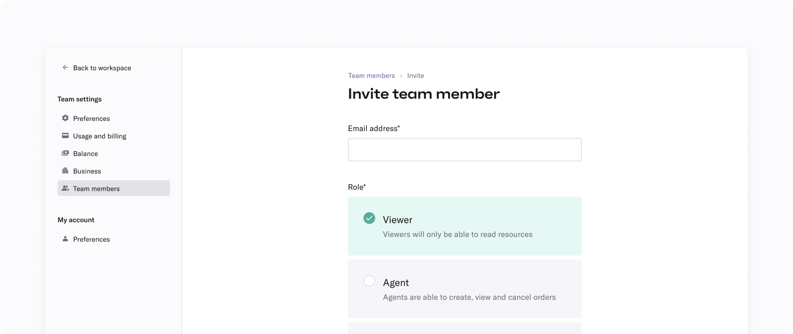 Partial screenshot of the Duffel dashboard invite team member page