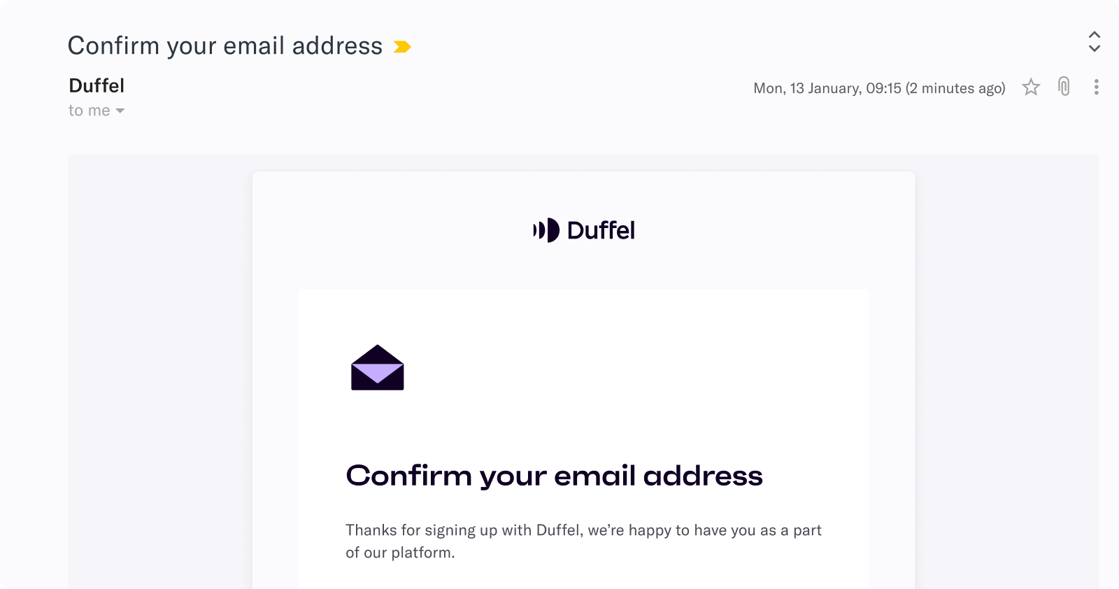 Partial screenshot of receiving a confirmation email from Duffel