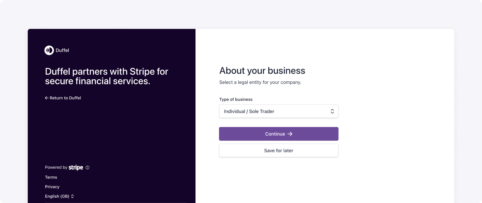 Duffel KYC step with Stripe for organisations in countries where Duffel Payments is supported