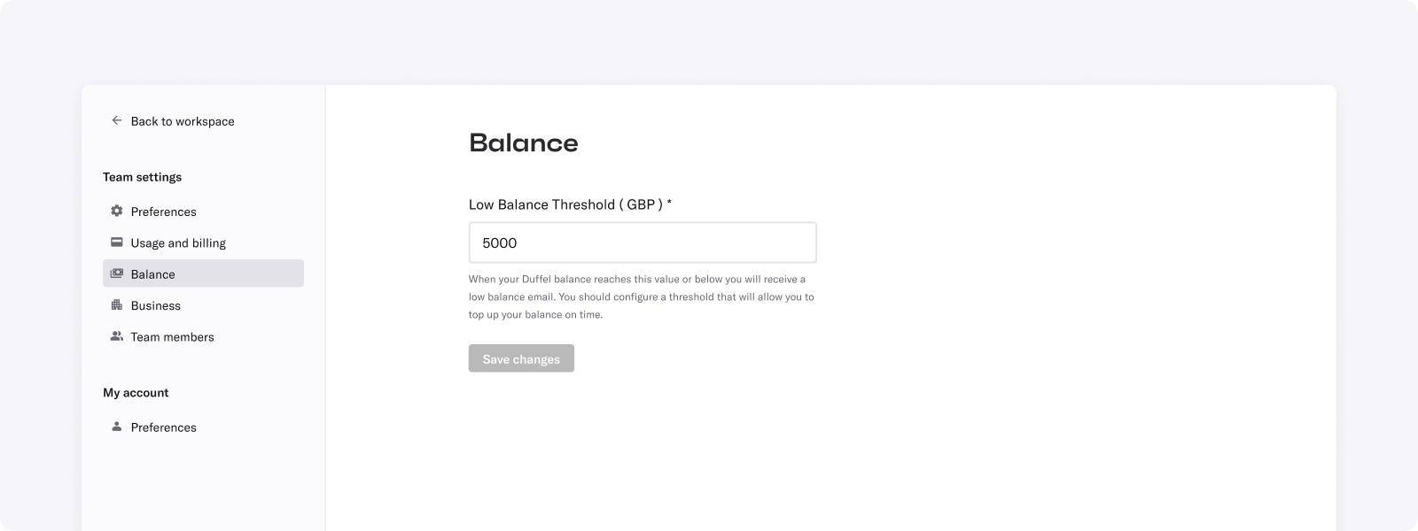 Partial screenshot of the Duffel dashboard settings balance page