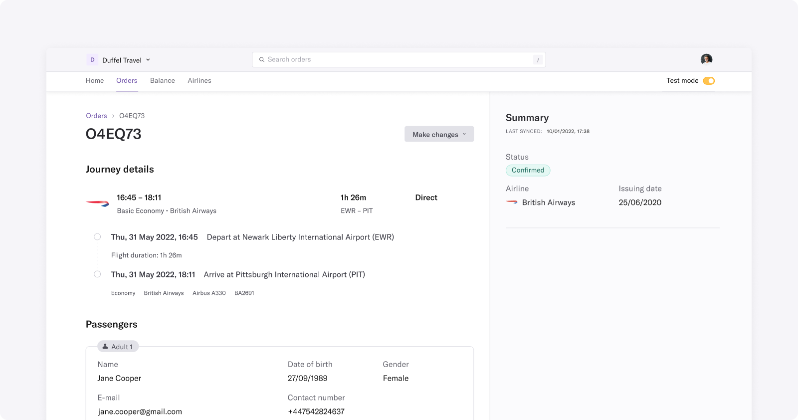 Partial screenshot of the Duffel dashboard orders page