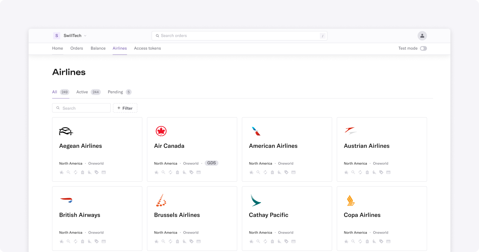 Partial screenshot of the Duffel dashboard airlines page