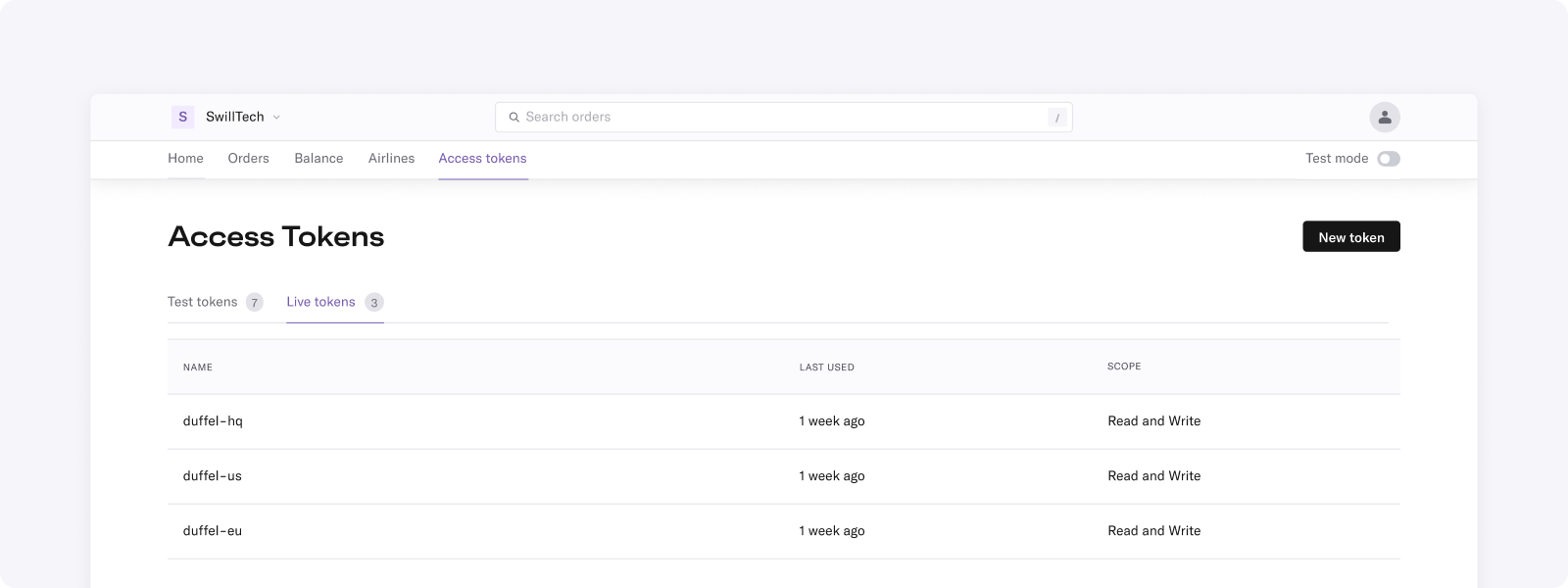 Partial screenshot of the Duffel dashboard tokens list page