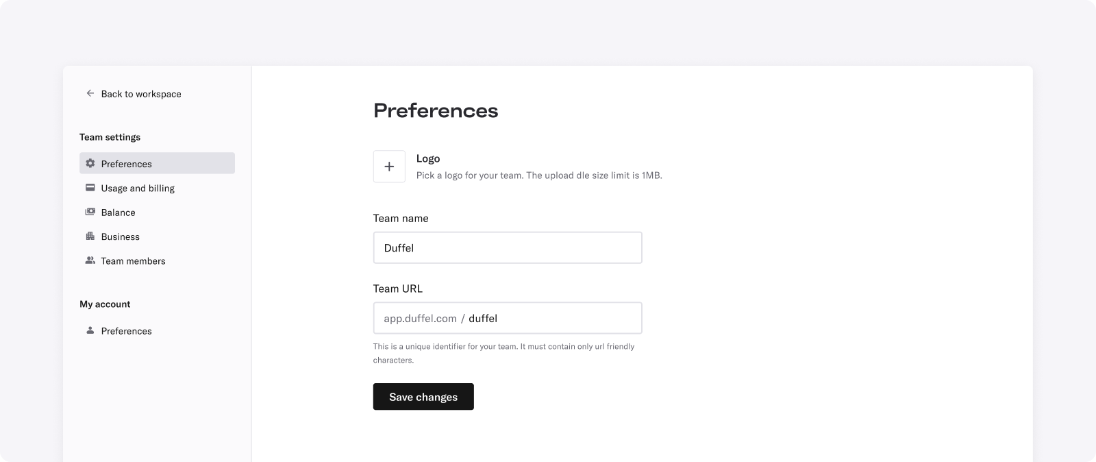 Partial screenshot of the Duffel dashboard organisation preferences