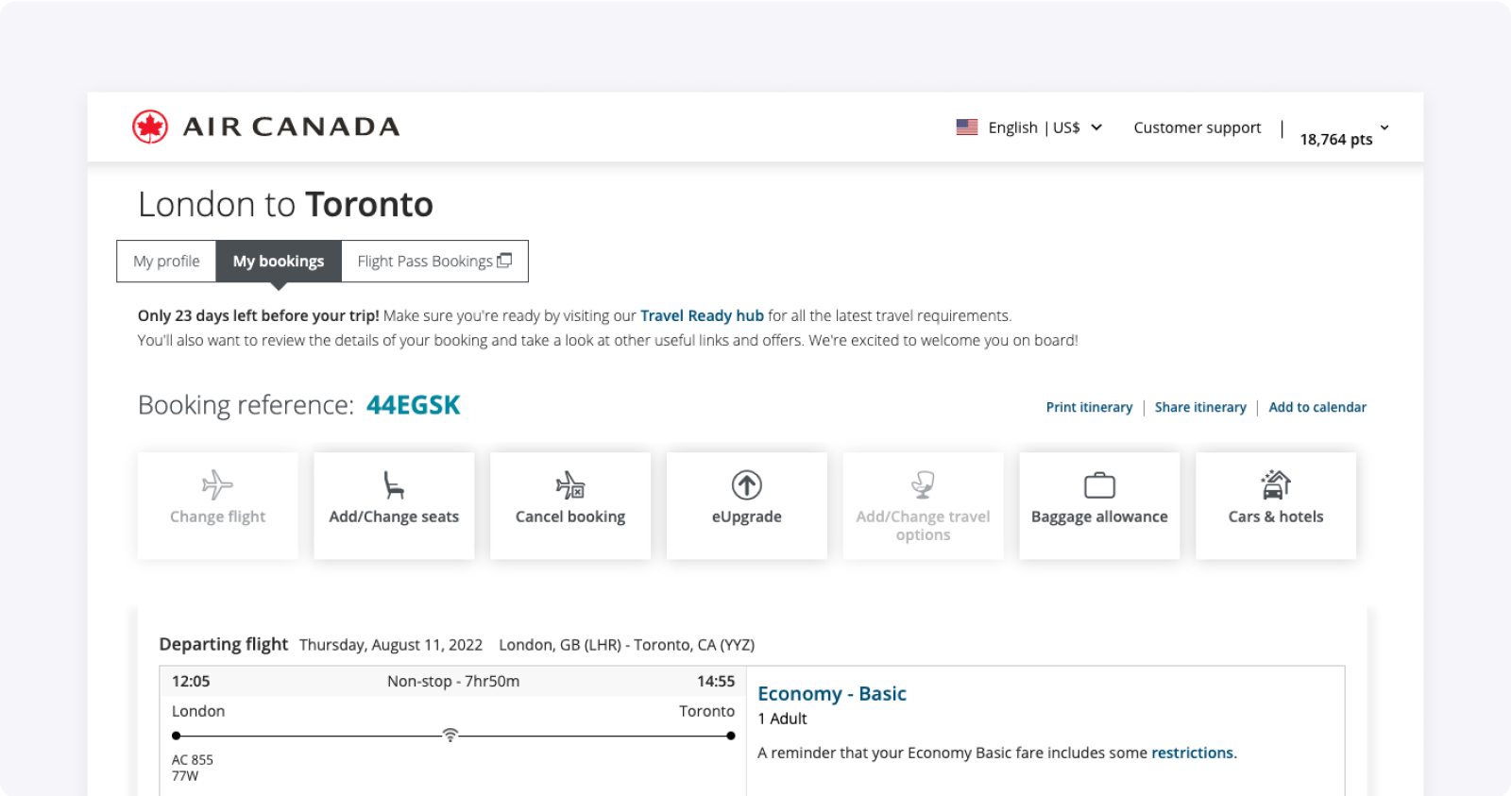 Partial screenshot of the Air Canada order booking page