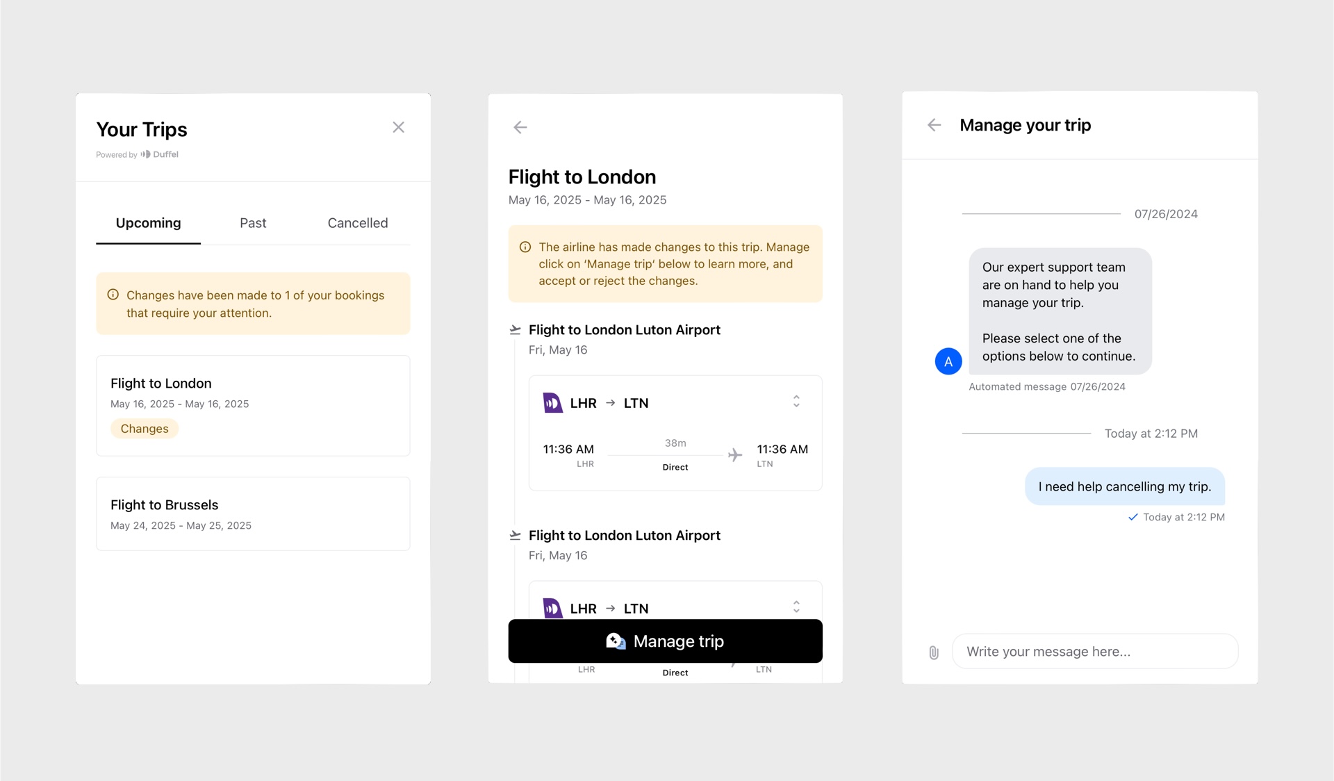 Screenshots of the pages of the Duffel Assistant